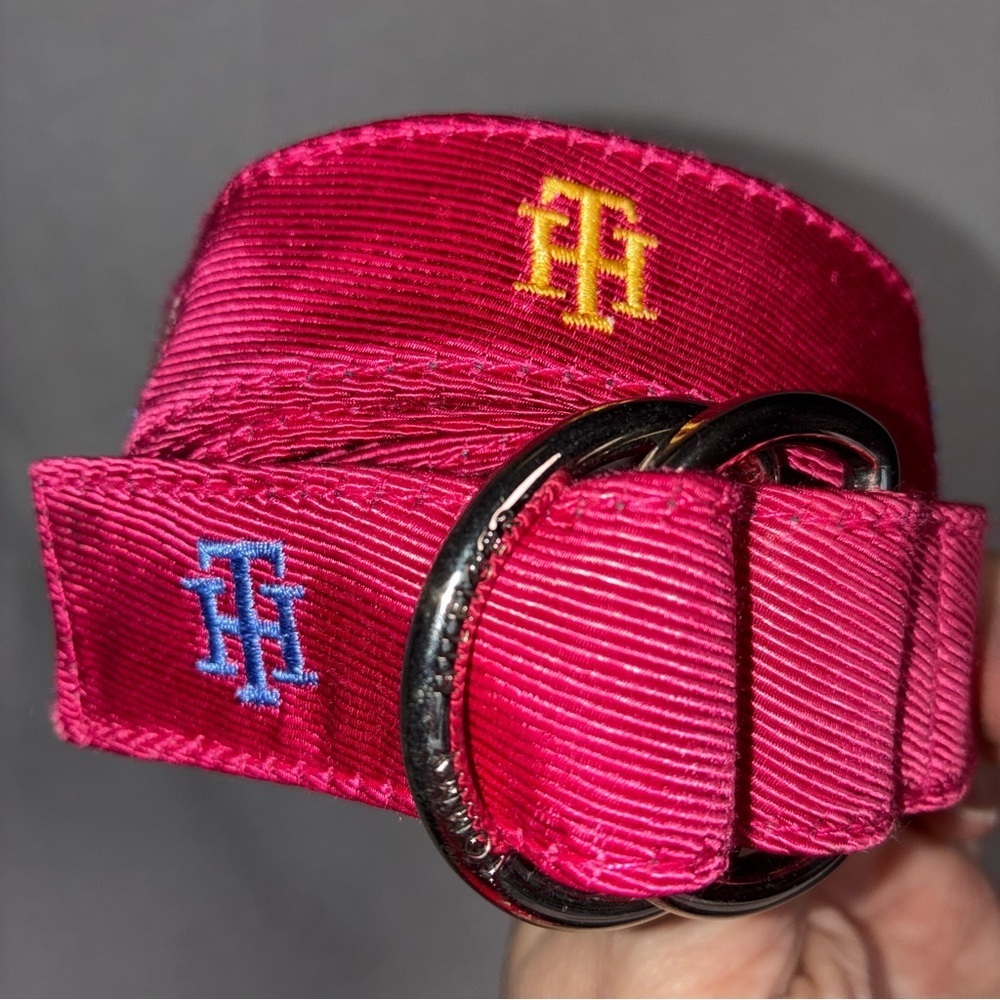 Tommy Hilfiger Women’s Belt Pink “TH” Logo D-Ring 43” Adjustable Colorful Preppy